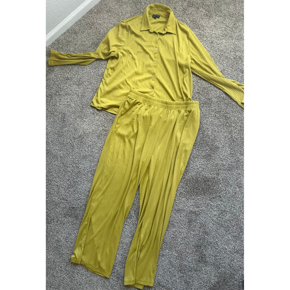 Modern Works Chartreuse Yellow Ribbed 2 Piece Set Button Down Top Pants XL